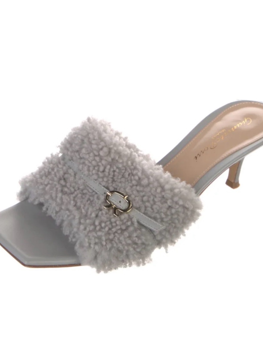 Gianvito Rossi Light Gray Shearling Heels with Gold Charm